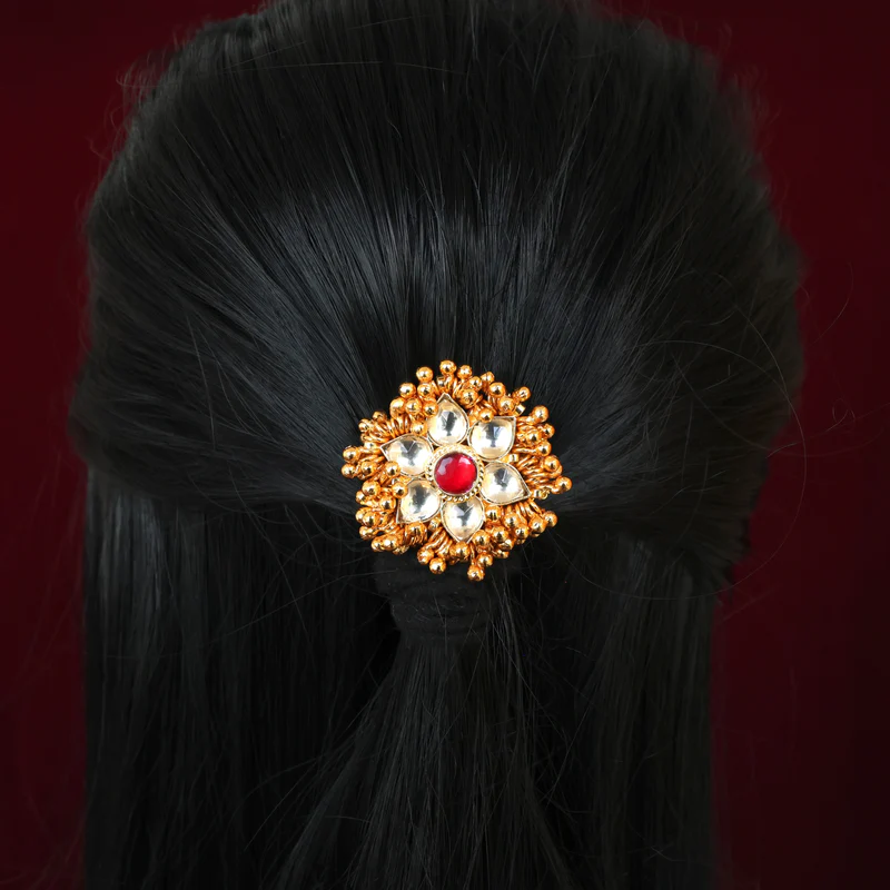 Handmade Pachi Kundan Hair Choti – Gold Bunch Flower